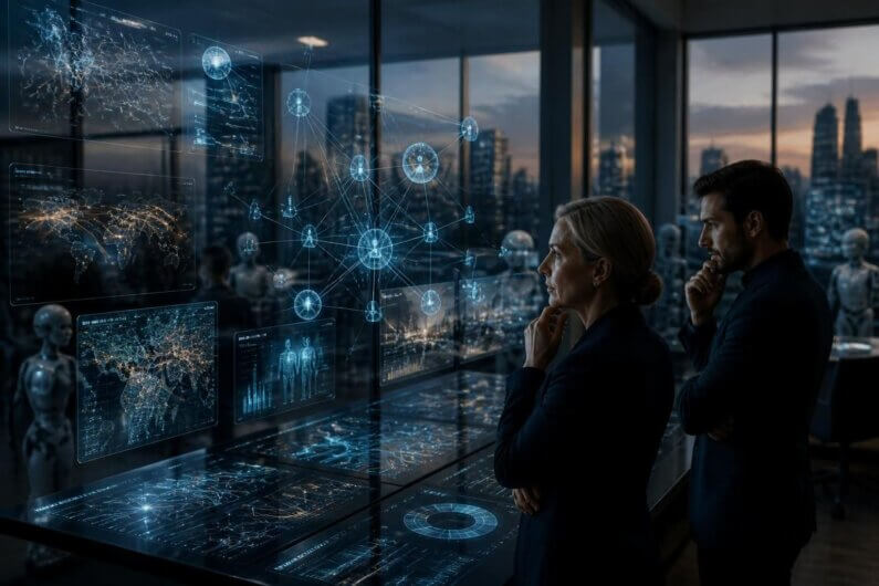 Imagem de humanos interagindo com humanoides numa empresa ilustra o post: A próxima fronteira não é a IA, mas as sociedades artificiais.