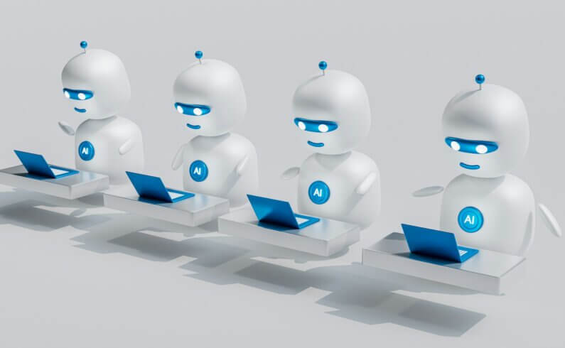 Imagem de quatro AI bots, cada um usando um laptop, ilustra o post cujo título diz que a próxima fronteira não é a IA, mas as sociedades artificiais.