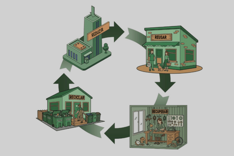 Imagem ilustrativa dos 4Rs da sustentabilidade para o post cujo título diz que pequenas mudanças podem impulsionar a economia circular.