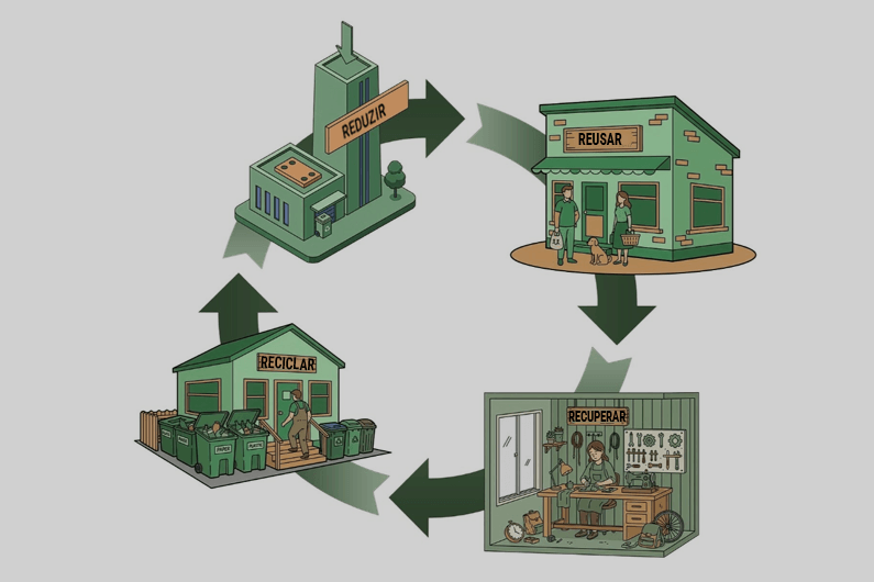 Imagem ilustrativa dos 4Rs da sustentabilidade para o post cujo título diz que pequenas mudanças podem impulsionar a economia circular.
