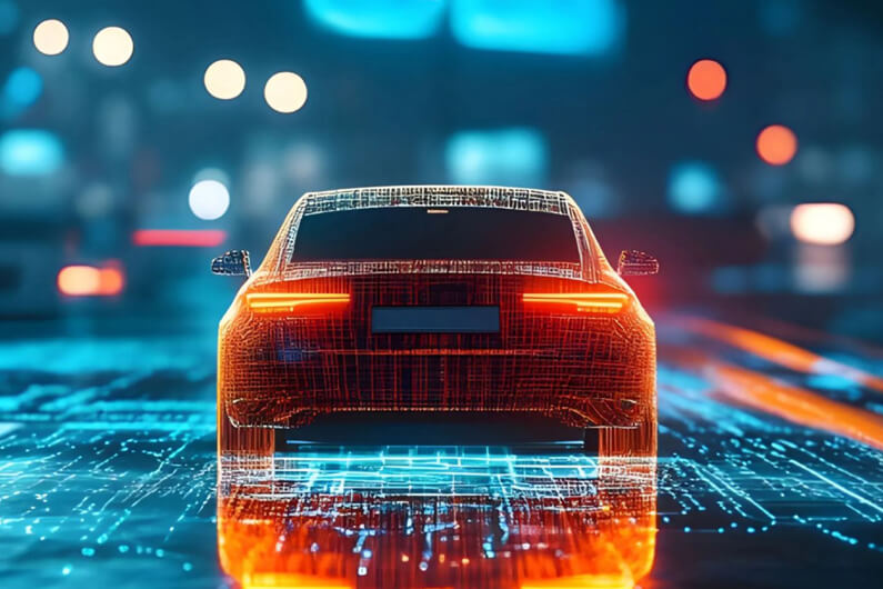 Imagem de um veículo em neon trafegando à noite numa rua de neon ilustra o post cujo título diz que os recursos inteligentes de seu carro abrem as portas para hackers.