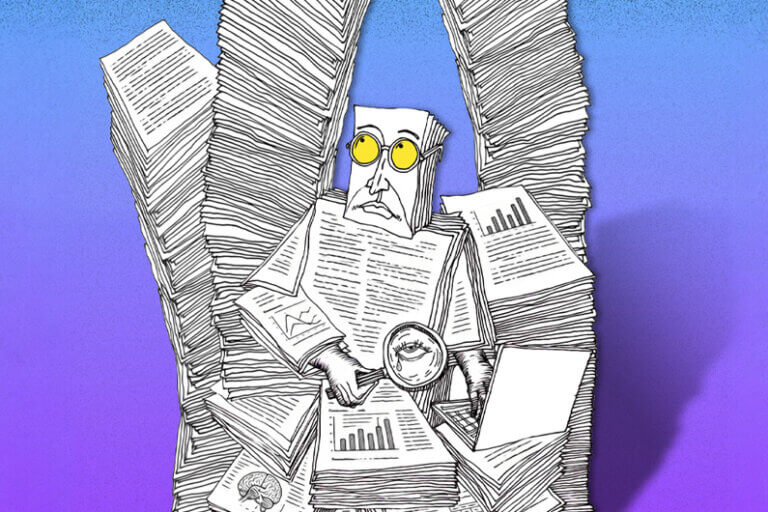 Imagem do desenho artístico de um boneco com óculos em meio a um monte de artigos em pilhas enormes ilustra o post que fala sobre o milagre da multiplicação da referência bibliográfica fantasma.