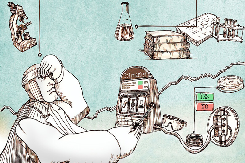 Imagem do desenho de uma pessoa mexendo num máquina de apostas que tem o nome de Polymarket ilustra o post sobre o mercado de predição e o mundo nocivo das Bets.